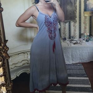 Boho Chic Embroidered Midi Dress in Blue and Red